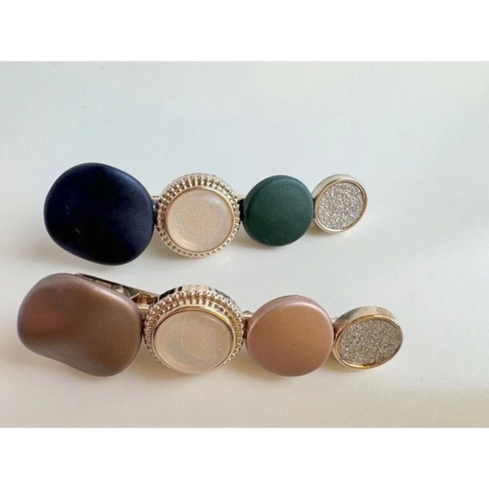 Set Multi Color Stone Gold Tone Alligator Hair Clips Navy Green Bronze Mauve J-0